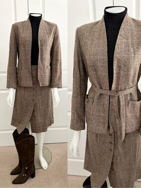 Vintage 1970s 100% Wool Brown Tweed Two Piece Suit - Blazer Jacket & Midi Skirt